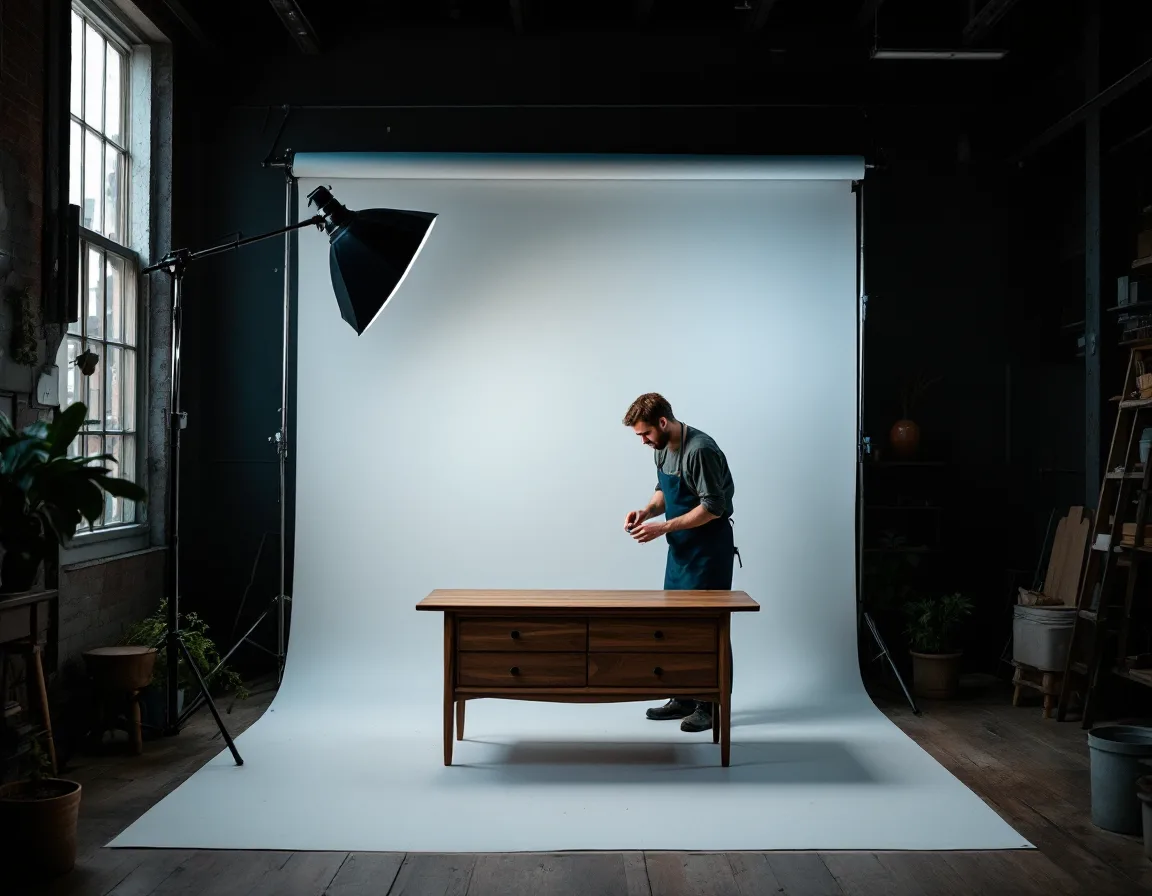 The Warwick studio with a walnut side table on a white sweep under a single raking key light