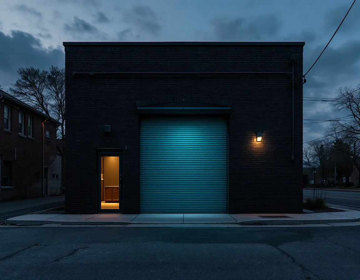 The Mallet & Grain studio bay at dusk, roll-up loading door open and lit from inside